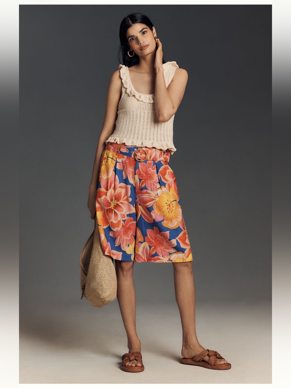 Floral Print High-Waist, Wide Leg, Knee Length Linen Shorts in Blue/Pink/Yellow - Picture 7 of 8